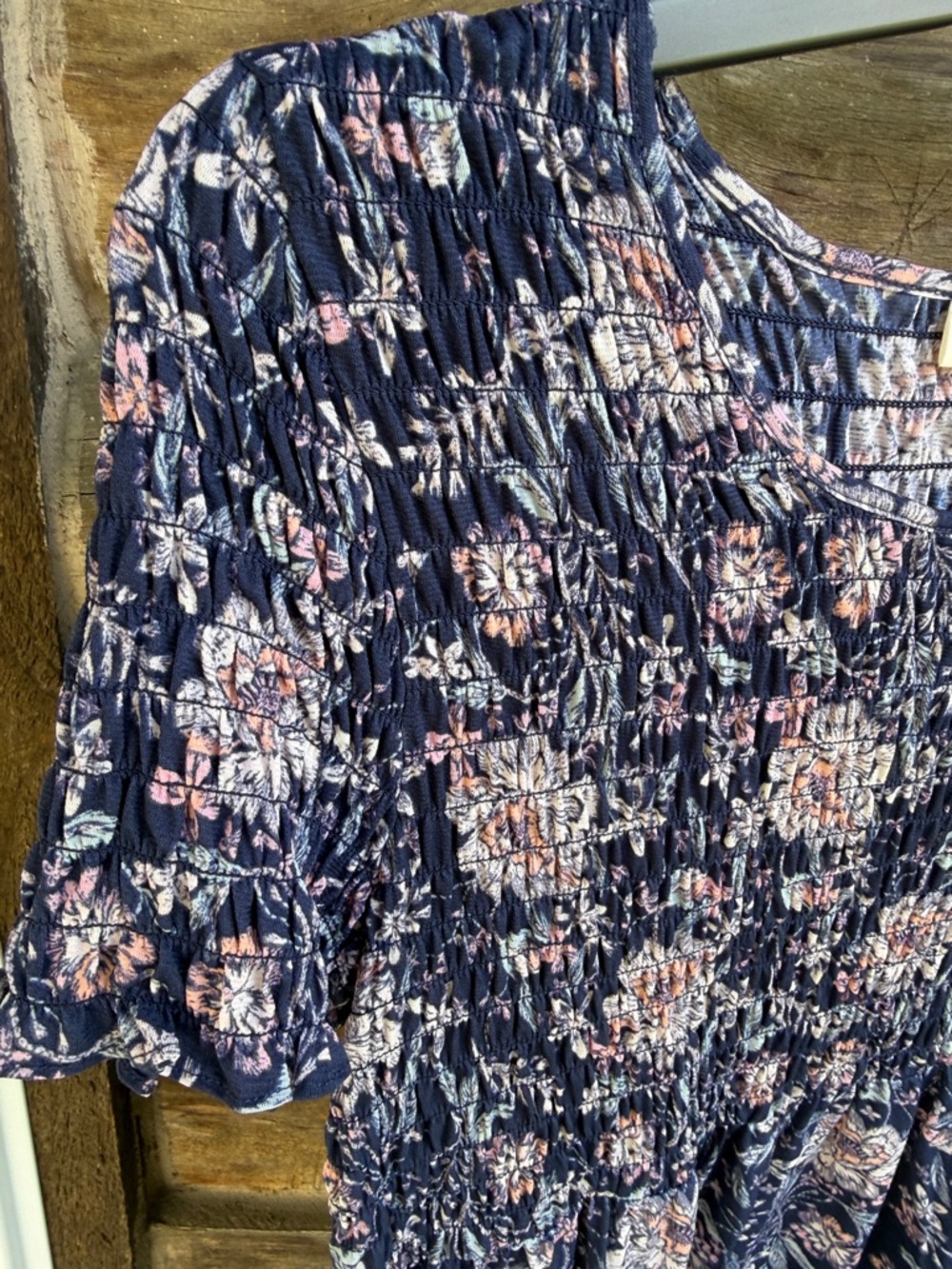 Style & Co. Navy Floral Smocked Peplum Top with Pink Accents - Picture 4 of 5